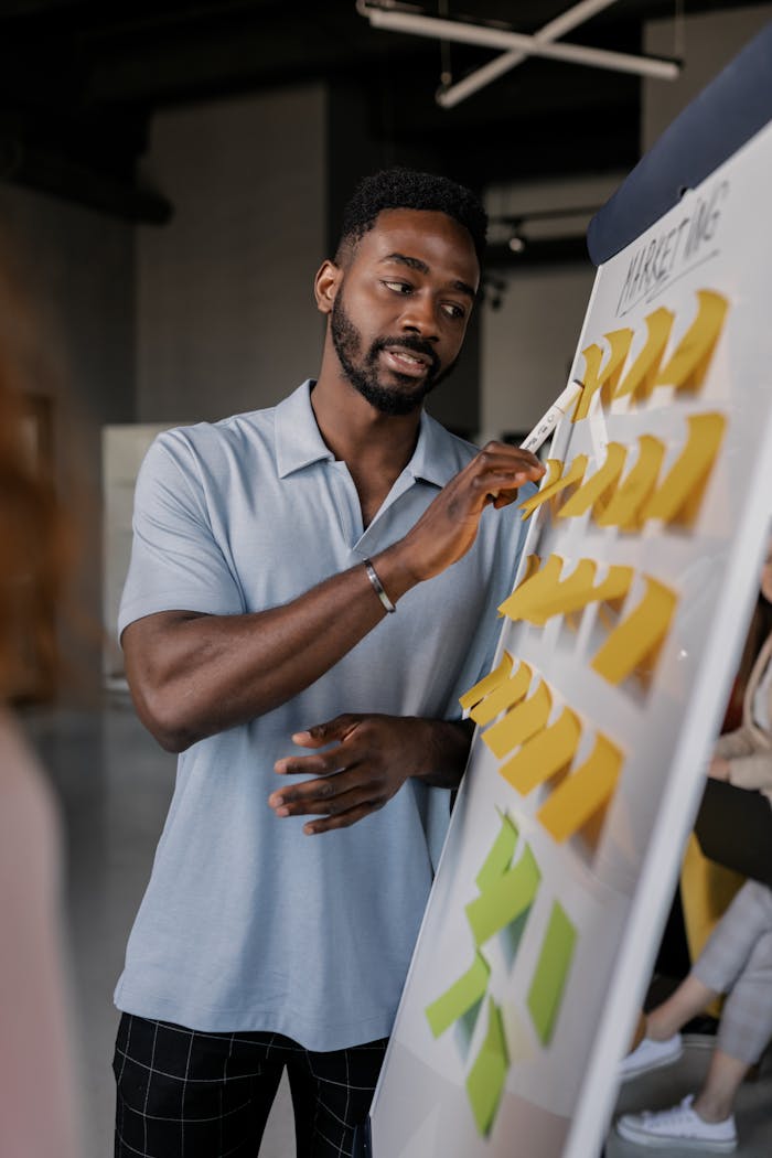 services-03 Confident African American man presenting business strategy using sticky notes on whiteboard.